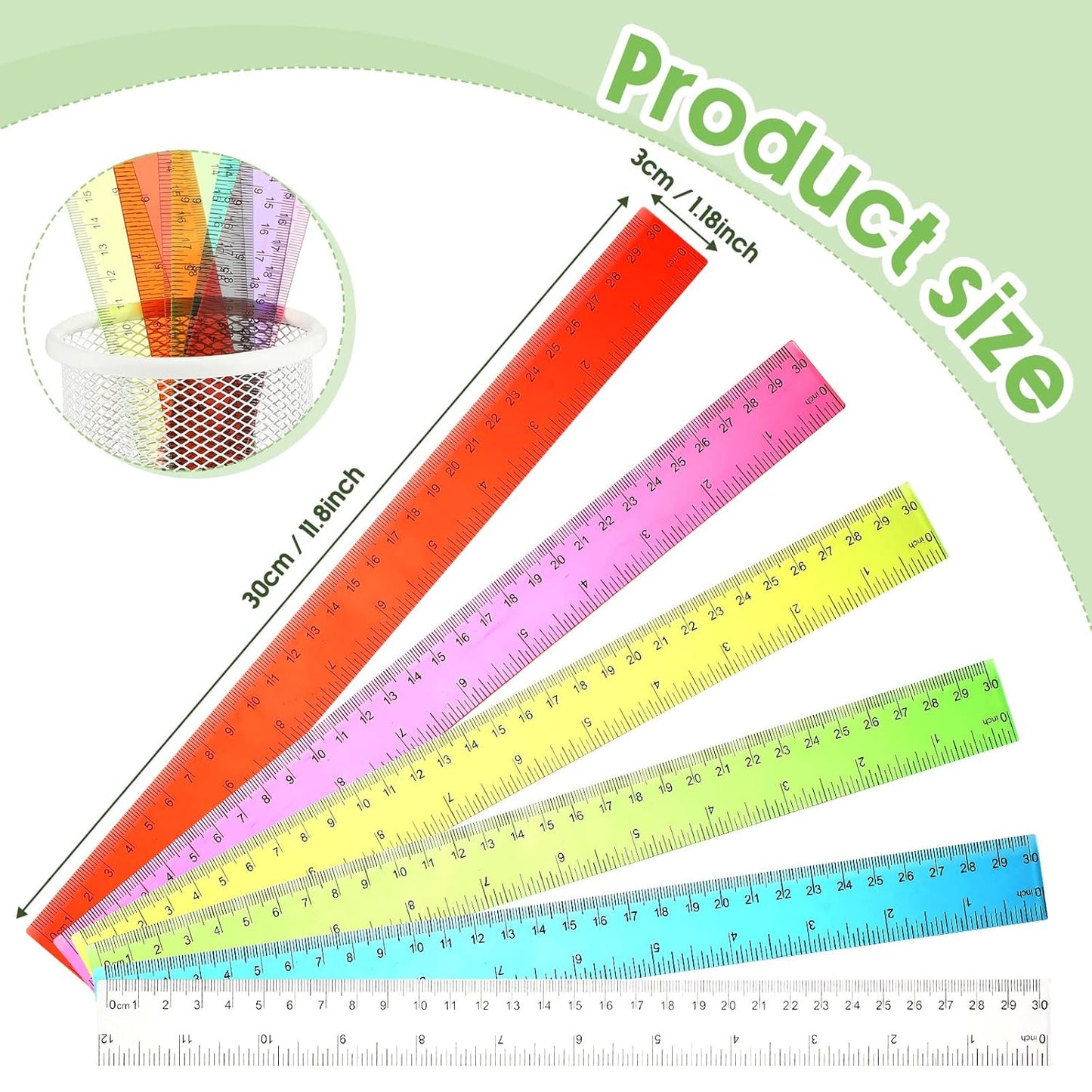 Fumete 600 Pack 12 Inch Plastic Rulers Bulk for Classroom Operation Christmas Supplies Flexible Transparent Assorted Color Ruler with Centimeters and Inches for Office Teacher Student