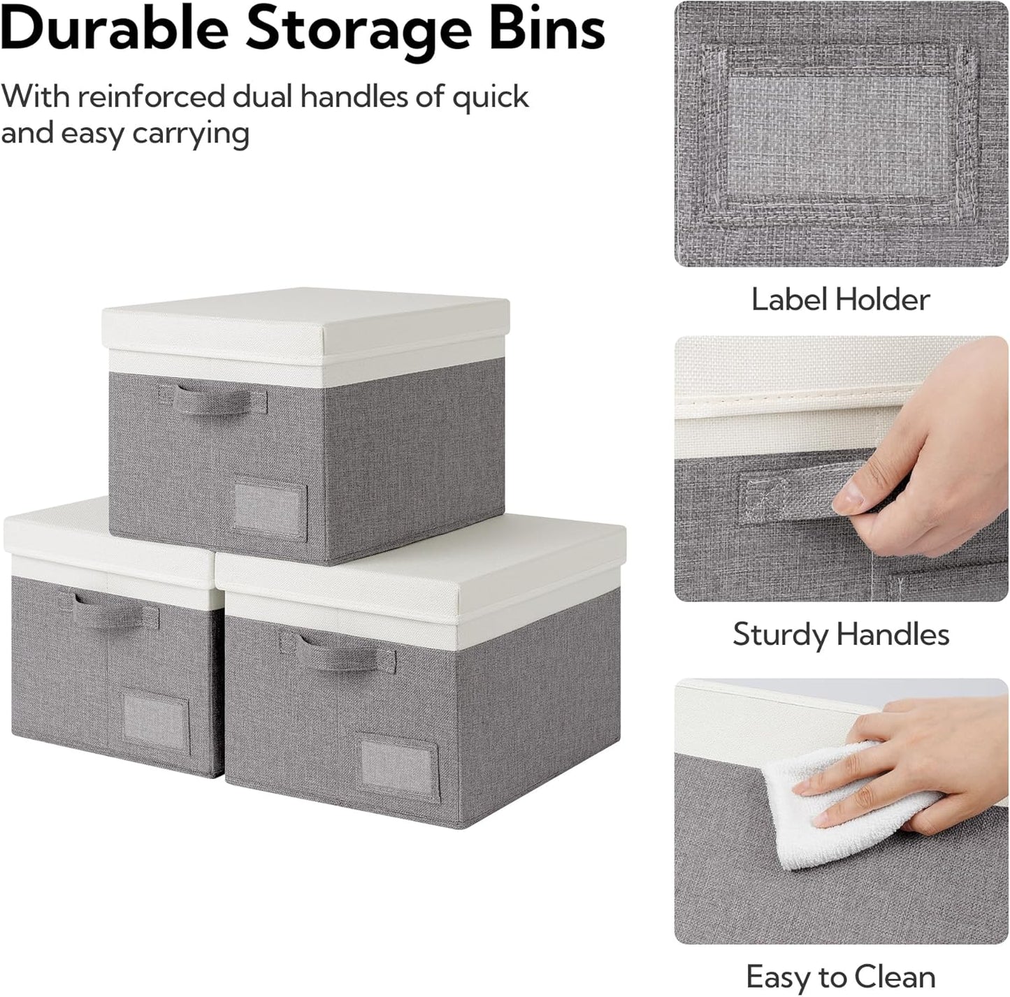 GRANNY SAYS Storage Bins with Lids, Linen Closet Storage Boxes, Collapsibe Storage Bins for Clothes, Storage Containers with Label Holder, 3-Pack, Gray&Ivory