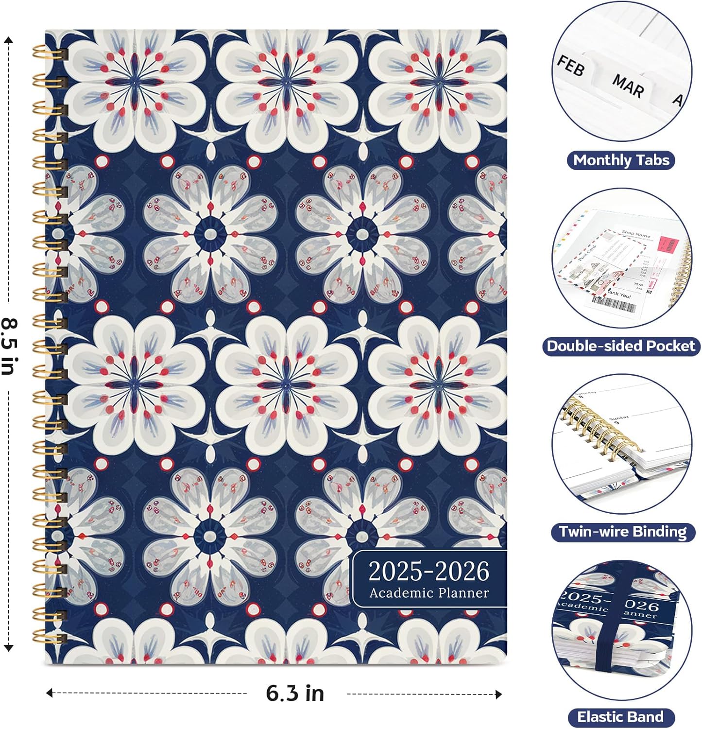Planner 2025-2026, Academic Year Weekly and Monthly Calender Planner, July 2025 - June 2026, Spiral Bound School Planning Tool, Perfect for Teacher, Student, Women & Men - A5 (6.3" x 8.5"), Navy Bloom