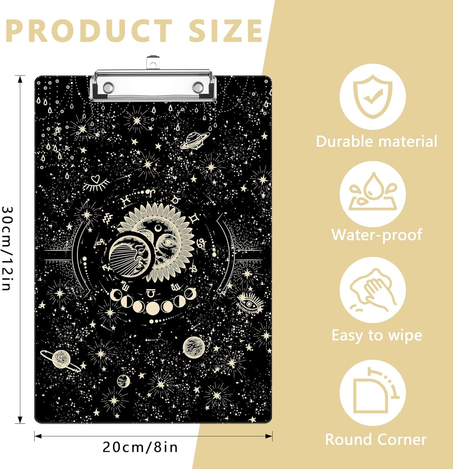 Golden Sun Moon Plastic Clipboards,Decorative Plastic Acrylic Clipboard for Teacher Social Worker Students Office Supplies 8 * 12