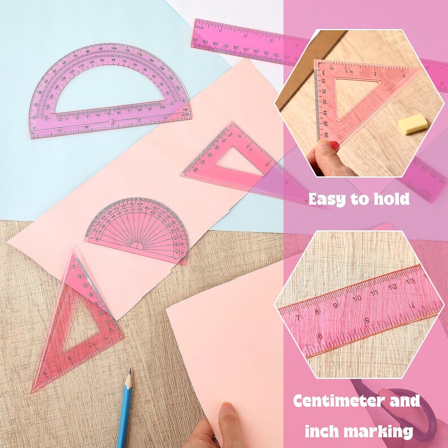 Zonon 1 Set Plastic Geometry Math Set Includes Drawing Compass, 6 Inch 4 Inch Protractor, 45/60 Degree Triangle Rulers 12 Inch 6 Inch Math Ruler Transparent for Office Supplies (Pink)