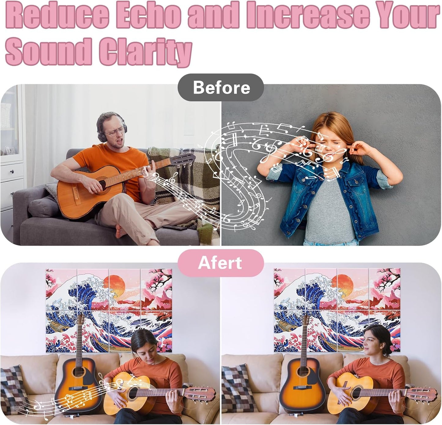 Art Acoustic Panels, 48"X32" Soundproof Wall Panels 8 Pack Self-adhesive Sound Absorbing Panels Decorative Acoustical Wall Padding for Recording Studio (Sea Wave)