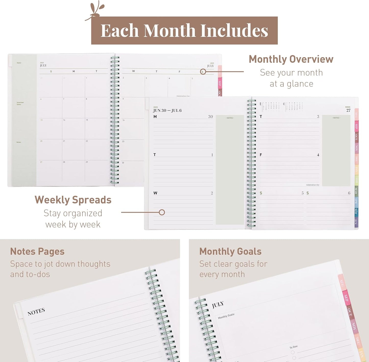 Rileys Academic Planner 2025-2026, Daily, Weekly & Monthly Planner, July 2025 - June 2026, Student Notes Pages, Twin-Wire Binding, Weekly Agenda for School & Work (8.5 x 11-Inches, Green, Deco)