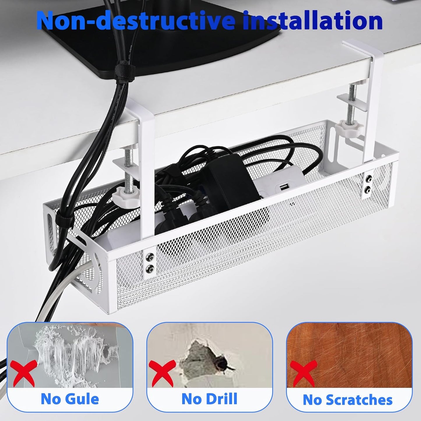 Under Desk Cable Management Tray – No Drill Cord Organizer & Power Strip Holder – Wire Cable Tray for Home Office Desk Setup (L-White)