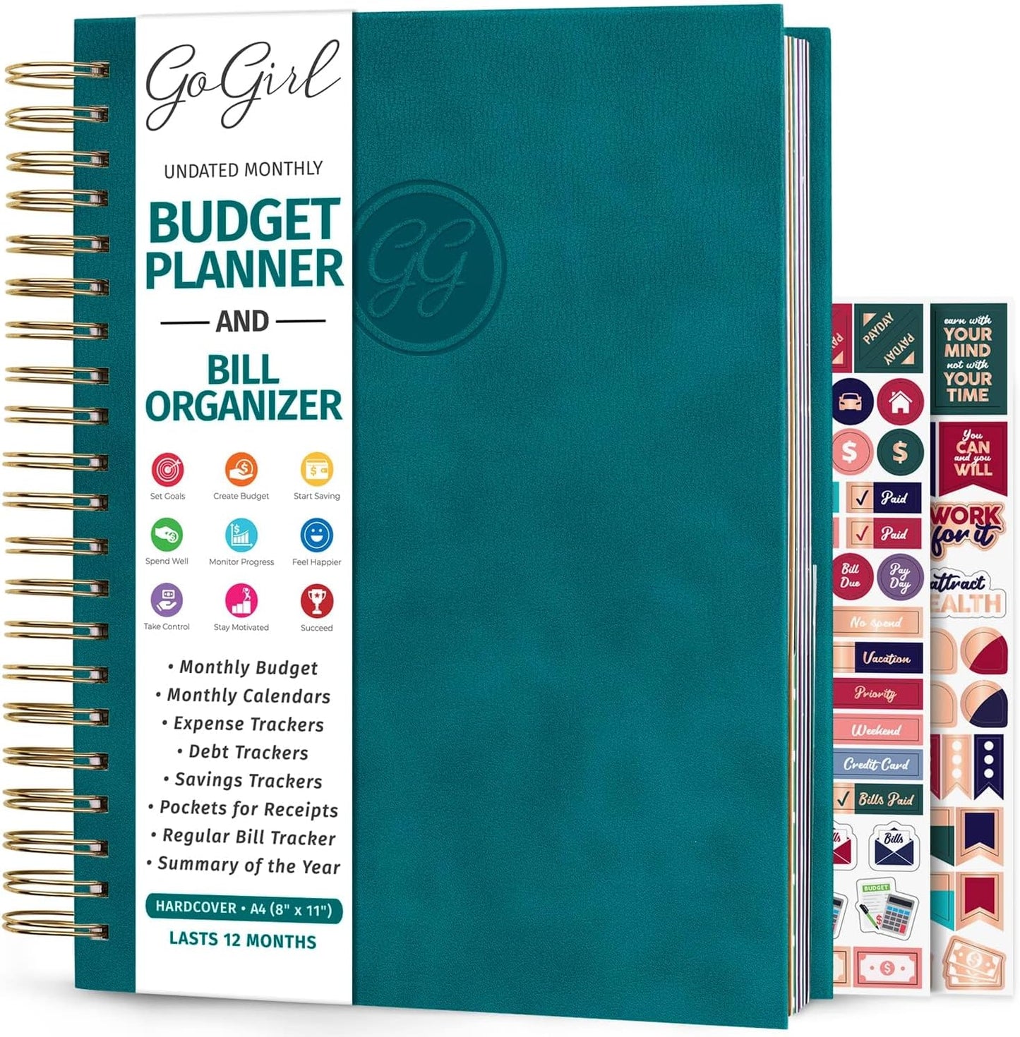 GoGirl Budget Planner & Monthly Bill Organizer – Monthly Financial Book with Pockets. Expense Tracker Notebook Journal, Large (Dark Teal)