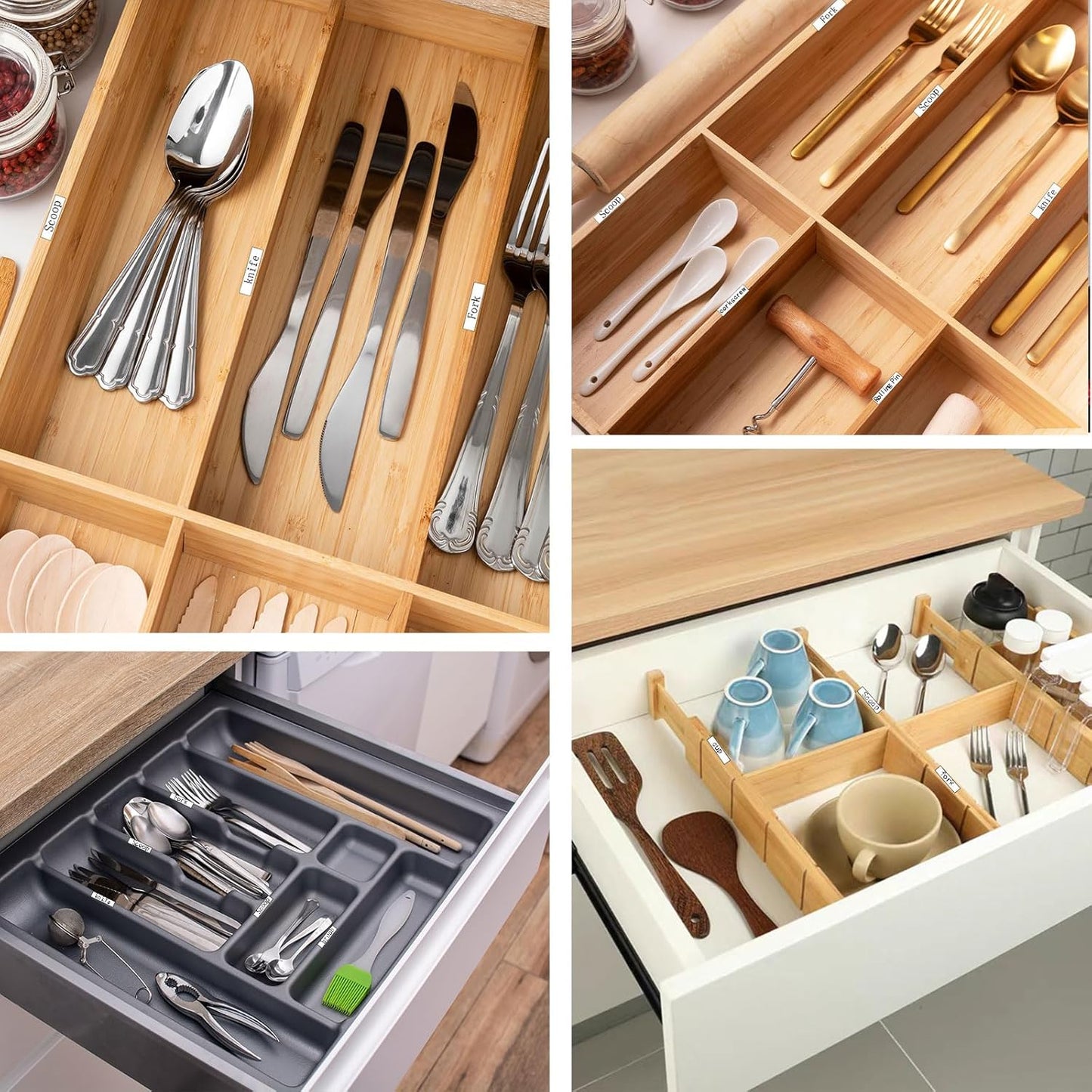 100Pcs Self-Adhesive Drawer Divider Labels – Clear Address Stickers for Organized Storage – Bamboo Silverware Drawer Divider Labels