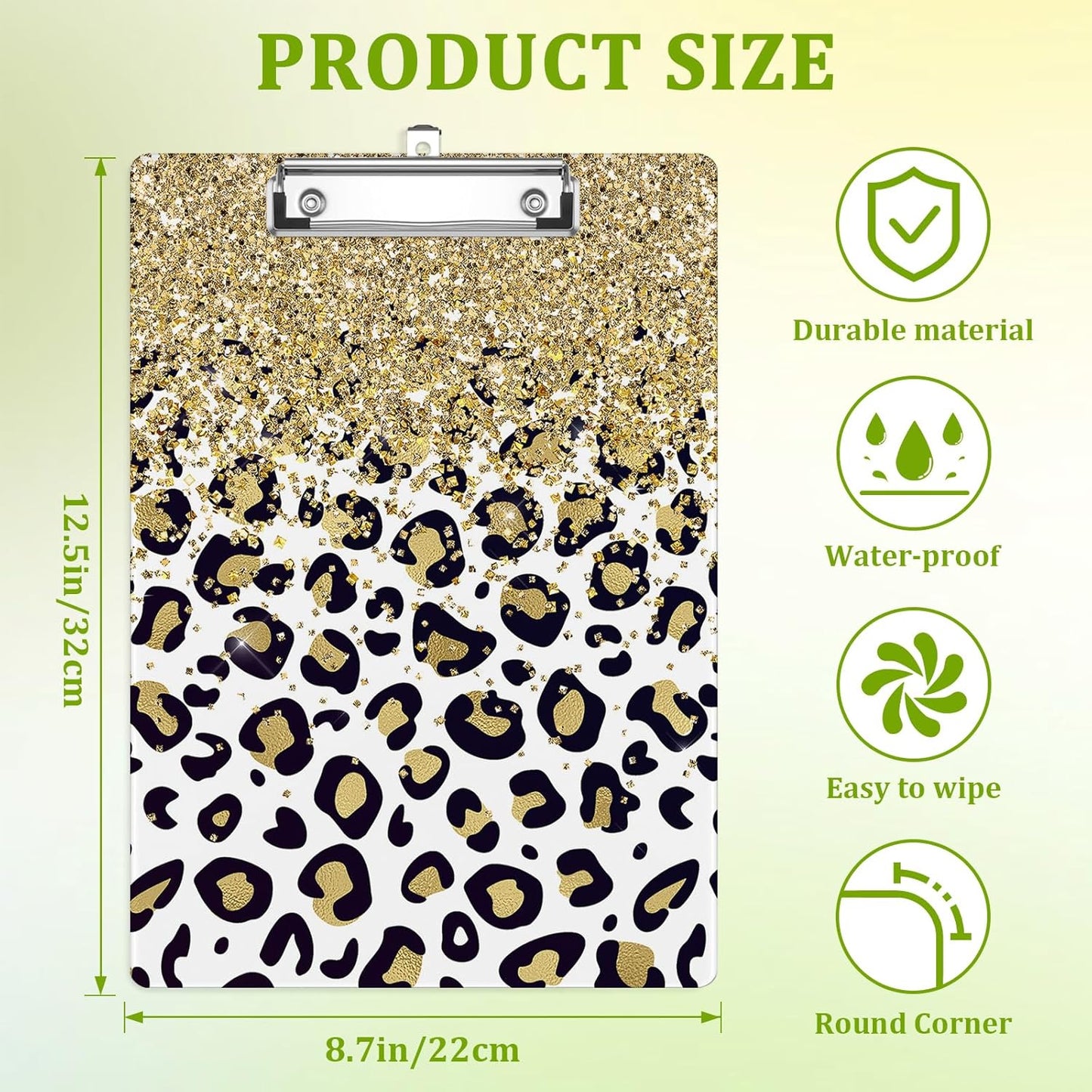 Glitter Leopard Clipboard,Decorative Acrylic Clipboard with Low Profile Metal Clip for Office,School,Teachers,Students Standard Letter Size 9x12.5