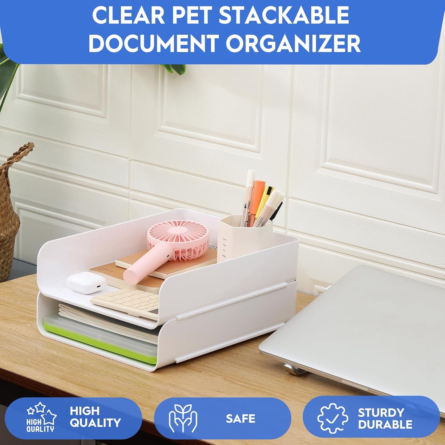 Letter Tray, Set of 2 Office Organization and Storage, PET Letter Tray Desk Organizer, Stackable Document Organizer for Notes, Pens, File Paper, Desk, White