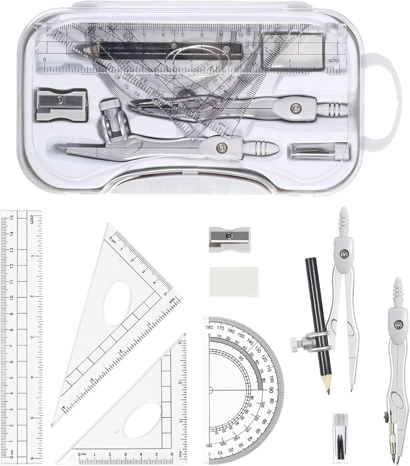 Math Geometry Sets 10 Piece Student Supplies with Shatterproof Storage Box,Includes Rulers,Protractor,Compass,Eraser,Pencil Sharpener,Lead Refills,Pencil,for Drafting and Drawings（Grey）