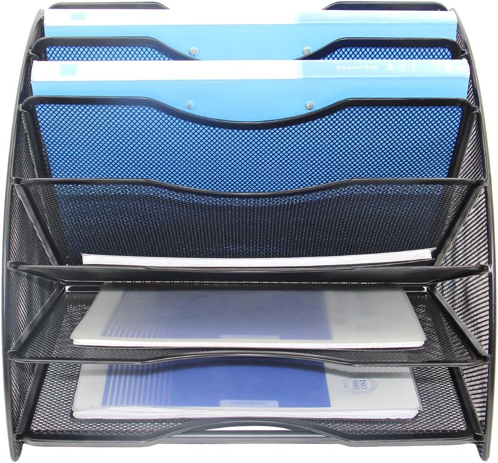 EasyPAG Desk File Organizer, 6-Section Vertical File Folder Holder Stand, Fan-Shaped Metal Rack File Sorter for Office Classroom Desktop Organization, Black