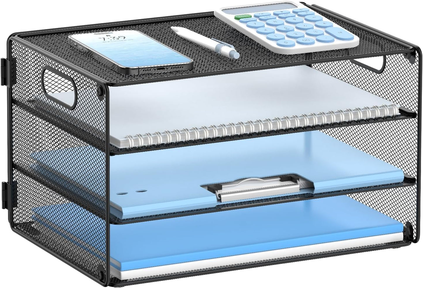 DALTACK 3 Tier Letter Tray Paper Organizer with Handle, Mesh Desk File Organizer, Paper Tray Desk Organizer for School Office Home, Metal Mesh, Black