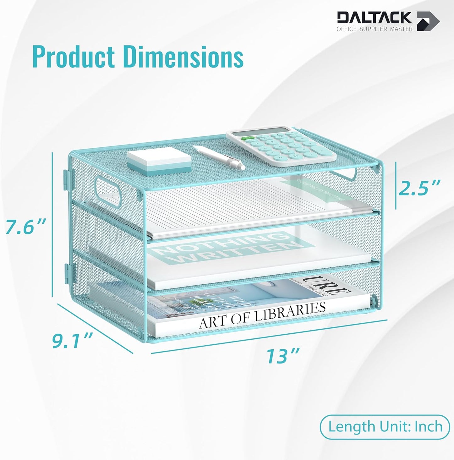 DALTACK 3 Tier Letter Tray Paper Organizer with Handle, Mesh Desk File Organizer, Paper Tray Desk Organizer for School Office Home, Metal Mesh, Light Blue