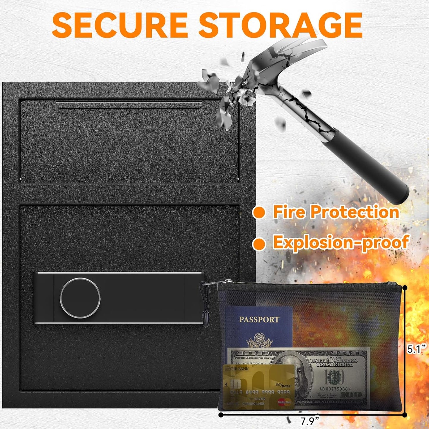 1.8 CUB Depository Drop Safe Fireproof, Front Drop Slot Lock Box with Digital Combination and Anti-Fishing, Silent Deposit Safe Box, Security Money Safe for Cash Slips Expense Business Office Home