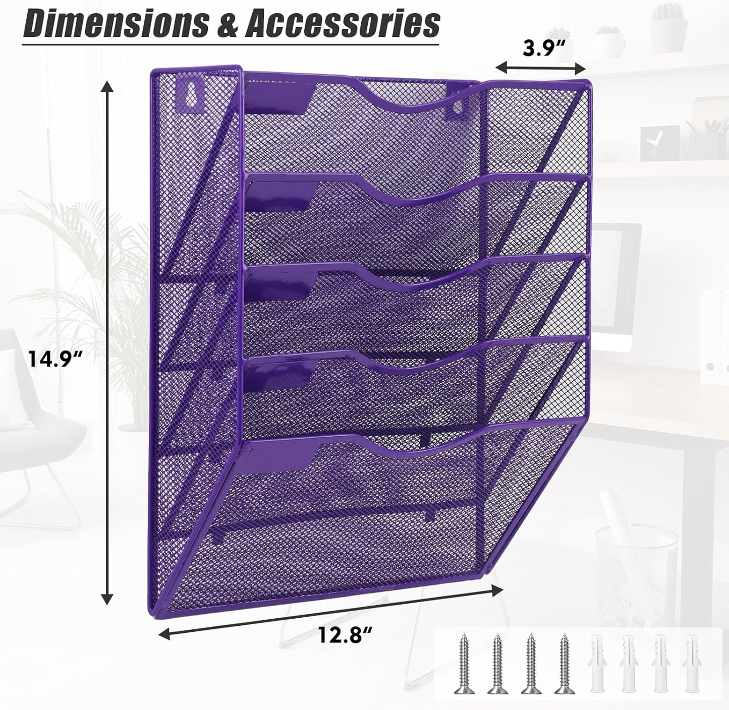 EASEPRES 5 Pocket Mesh Hanging Wall File Organizer, Wall Mounted Mail Paper Document Folder Holder, Clipboard Storage Organization Magazine Rack with Nametag Label for Office Home School, Purple
