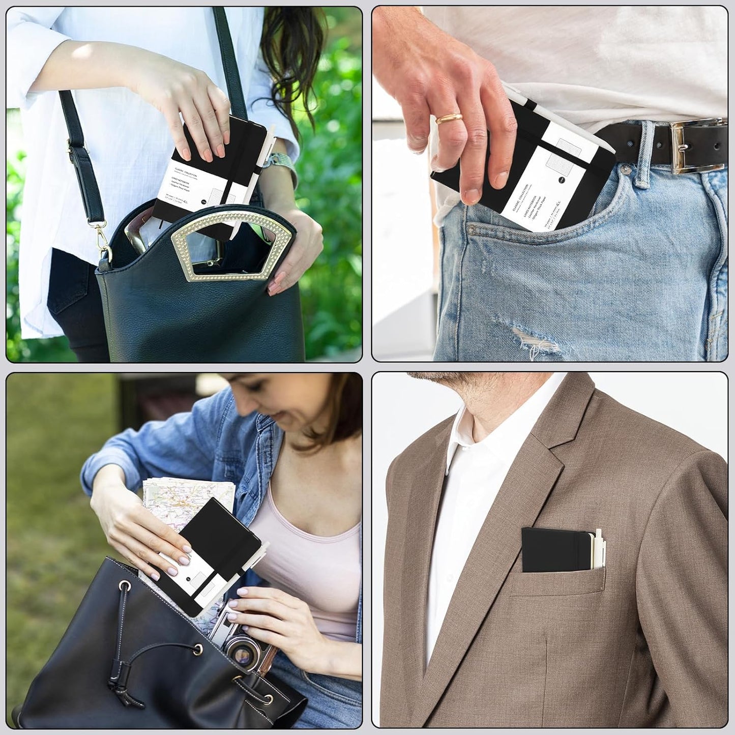 Coopay 6 Pack A6 Pocket Small Notebook with 6 White Pens Bulk Classic Hardcover Leather Journal Set with Pen Holder for Men Women Writing, Office, Home, School, Business, 100GSM, 3.5” x 5.5”, Black