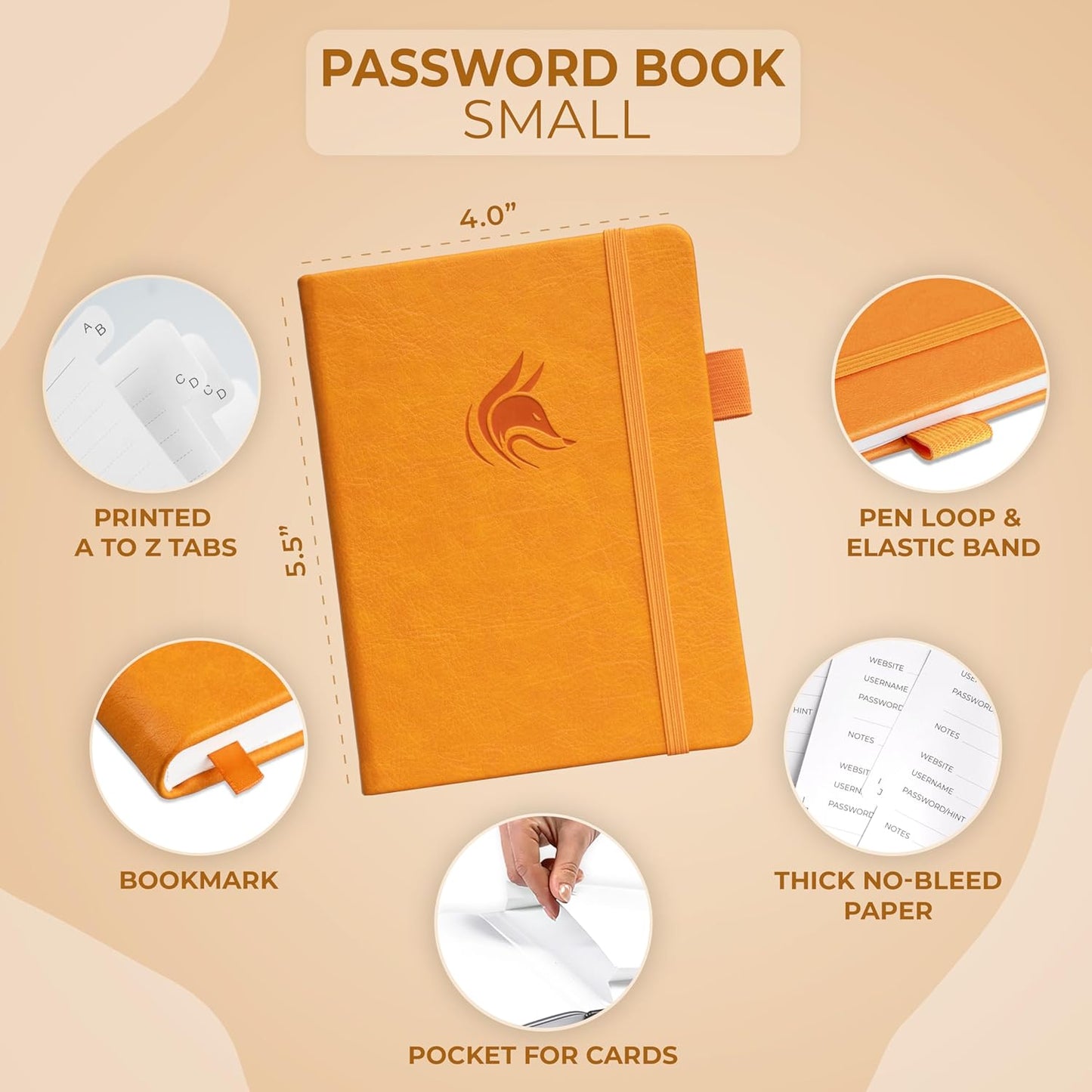 Clever Fox Password Book with alphabetical tabs. Internet Address Organizer Logbook. Small Pocket Password Keeper for Website Logins (Yellow)