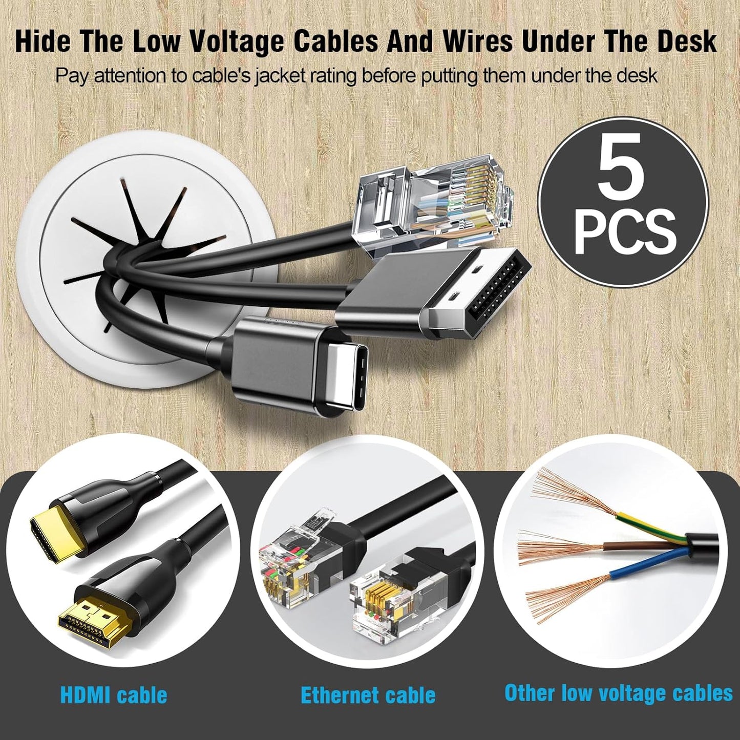 2" White Desk Grommet, JTemgle Flexible Cable Grommet Plastic Cable Hole Cover Wire Organizer Caps Desktop Cord Management for Home Office TV Stands Tabletops, 5 Pieces