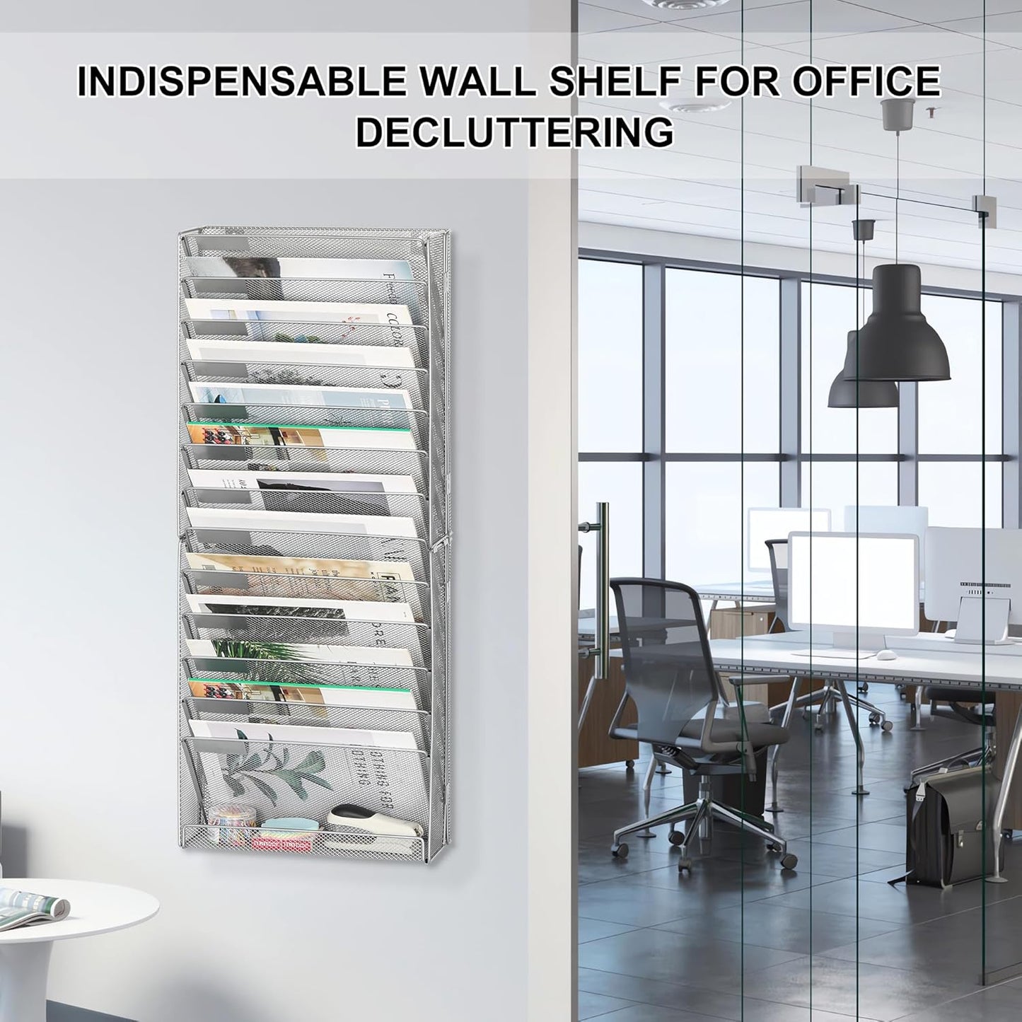 EasyPAG Wall File Holder Organizer 14 Tier Mesh Hanging Wall Mounted Document Paper Folder Filing Magazine Rack with Nametag Label for Office Home School, Silver