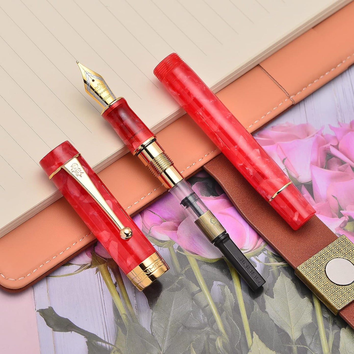 Jinhao 100 Fountain Pen Celluloid Classic Style, #6 Nib Smooth Writing Instrument with Refillable Converter and Pen Case Set