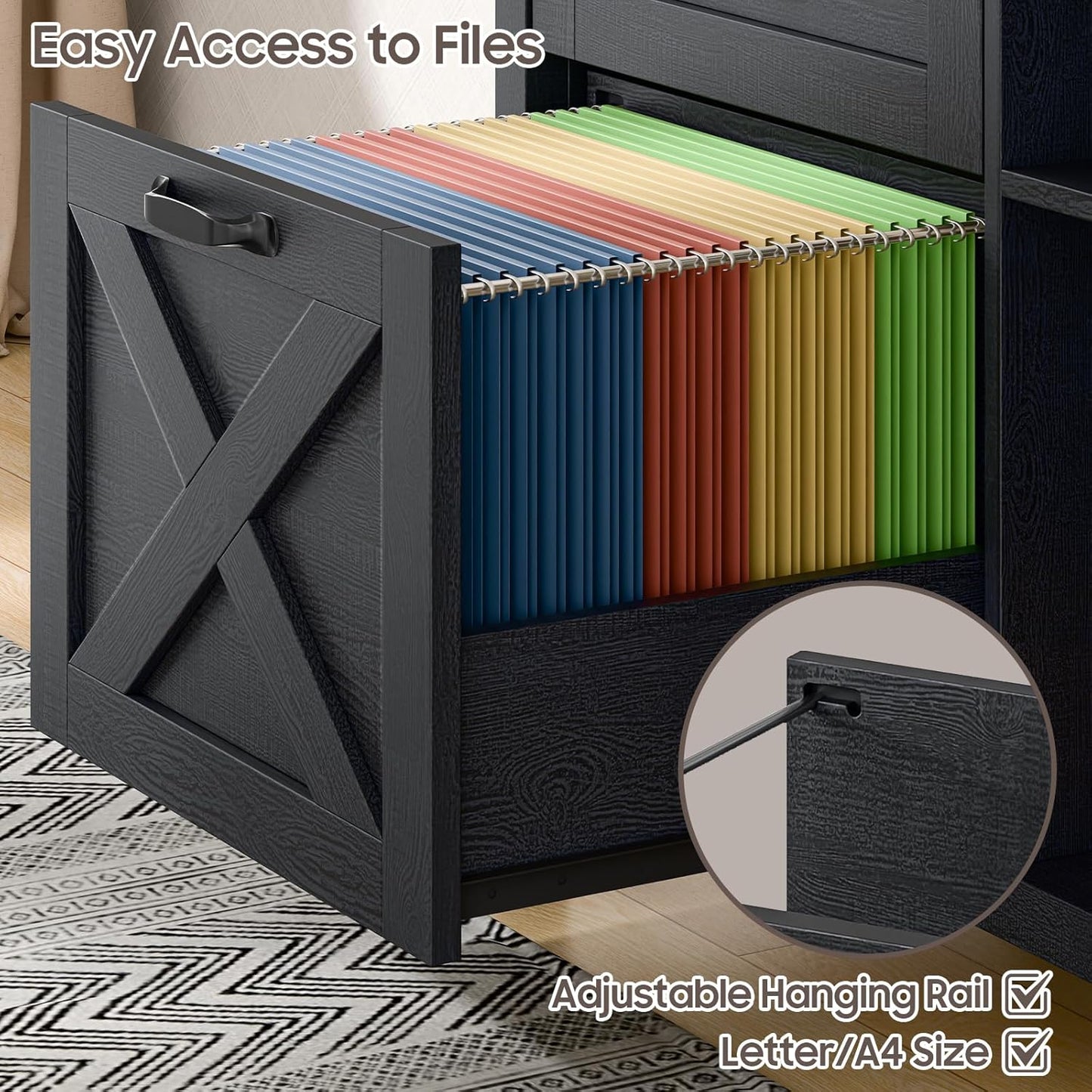 Lateral File Cabinet with 3 Drawers and Door, Farmhouse File Cabinet with Adjustable Shelf for Letter/A4 Size Hanging Files, Printer Stand with Storage Cabinet for Home Office Furniture, Black