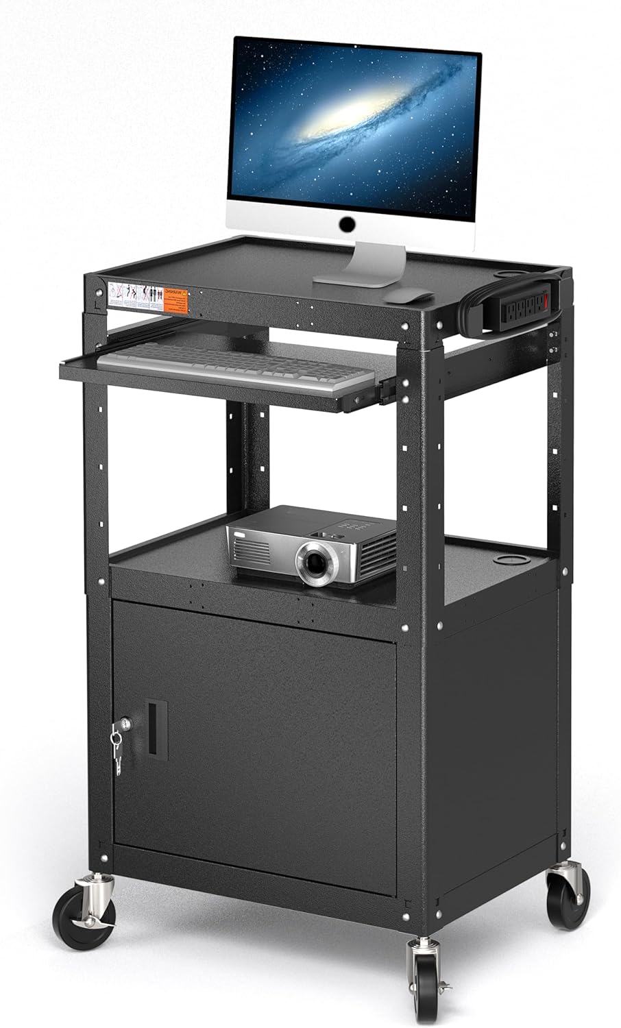 Height Adjustable Steel Frame AV Cart with Keyboard Tray - Comes with Locking Cabinet and 5ft 9in Power Strip Black