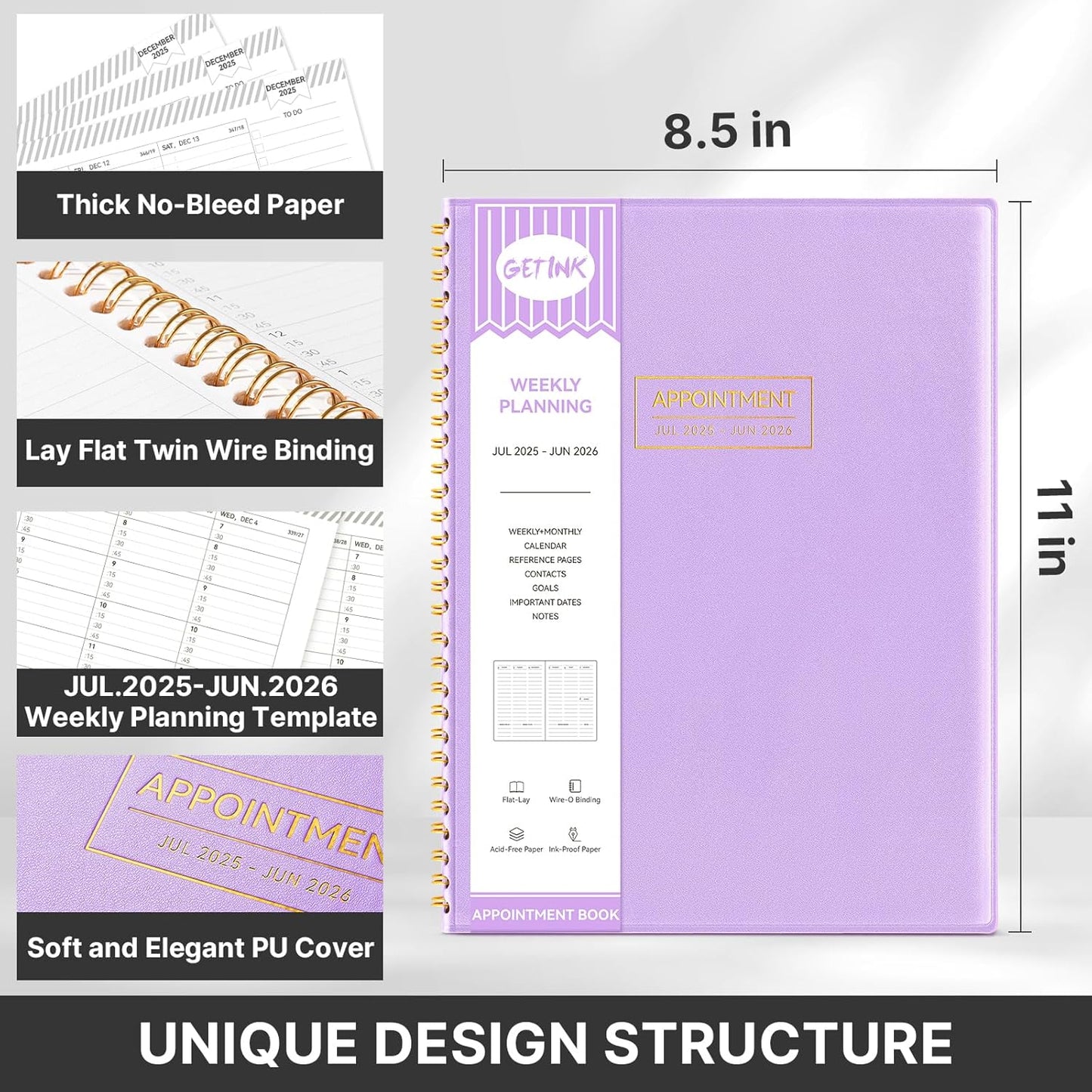 GETINK Appointment Book 2025-2026 Weekly Daily Hourly Planner 8.5"x11" Spiral Bound, Jul. 2025 - Jun. 2026, Laredule Appointment Planner 2025 with 15-Minute Increments, Flexible Cover, Purple