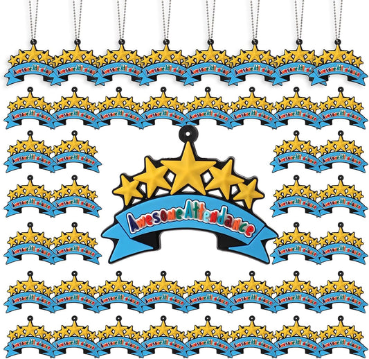 100 Pcs Awesome Attendance Silicone Tags with Chains, Motivational Brag Awards for Students, Classroom Incentives, Teacher Rewards, Reading Competition Prizes, Wearable Encouragement Gifts
