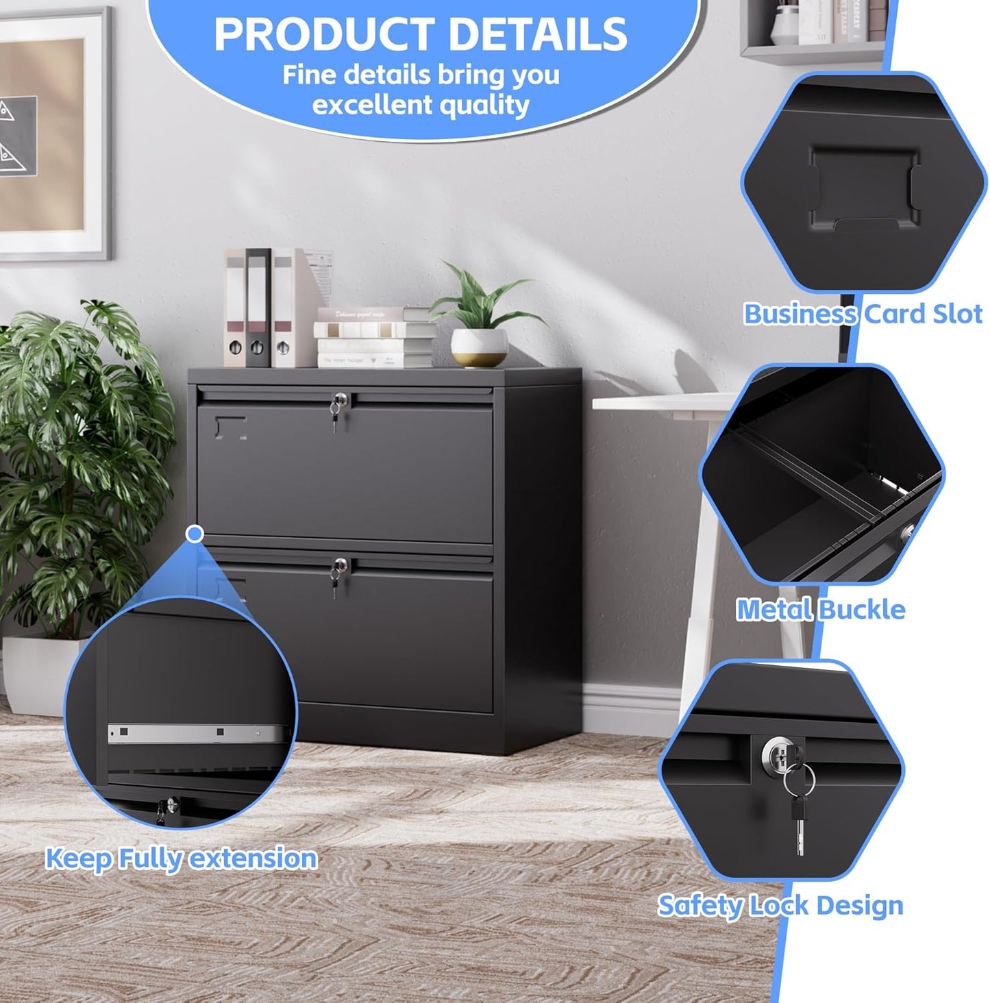 Aobabo 2 Drawer Wide Lateral File Cabinet, Metal Filing Cabinet with Lock, Suitable for Home Office School Hanging Files Letter/Legal/F4/A4 Size,Black,Required-Assembly,15.87" D x 28.94" W x 30.24" H