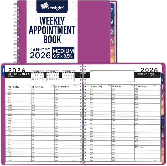 Ensight 2026 Appointment Book & Planner Ensight 6.5 x 8.5 inches Large Tabbed Daily Hourly Weekly Planner Schedule Book 30 Minute time Slots Business & Personal Planner Jan 2026 Dec 2026 Magenta