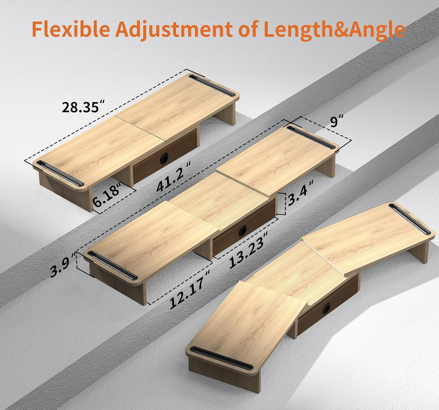 Dual Monitor Stand Riser with Drawer-Adjustable Length and Angle, Monitor Stand Riser for 2 Monitors, Desktop Organizer Stand for Computer/Laptop/PC/Printer (Oak)