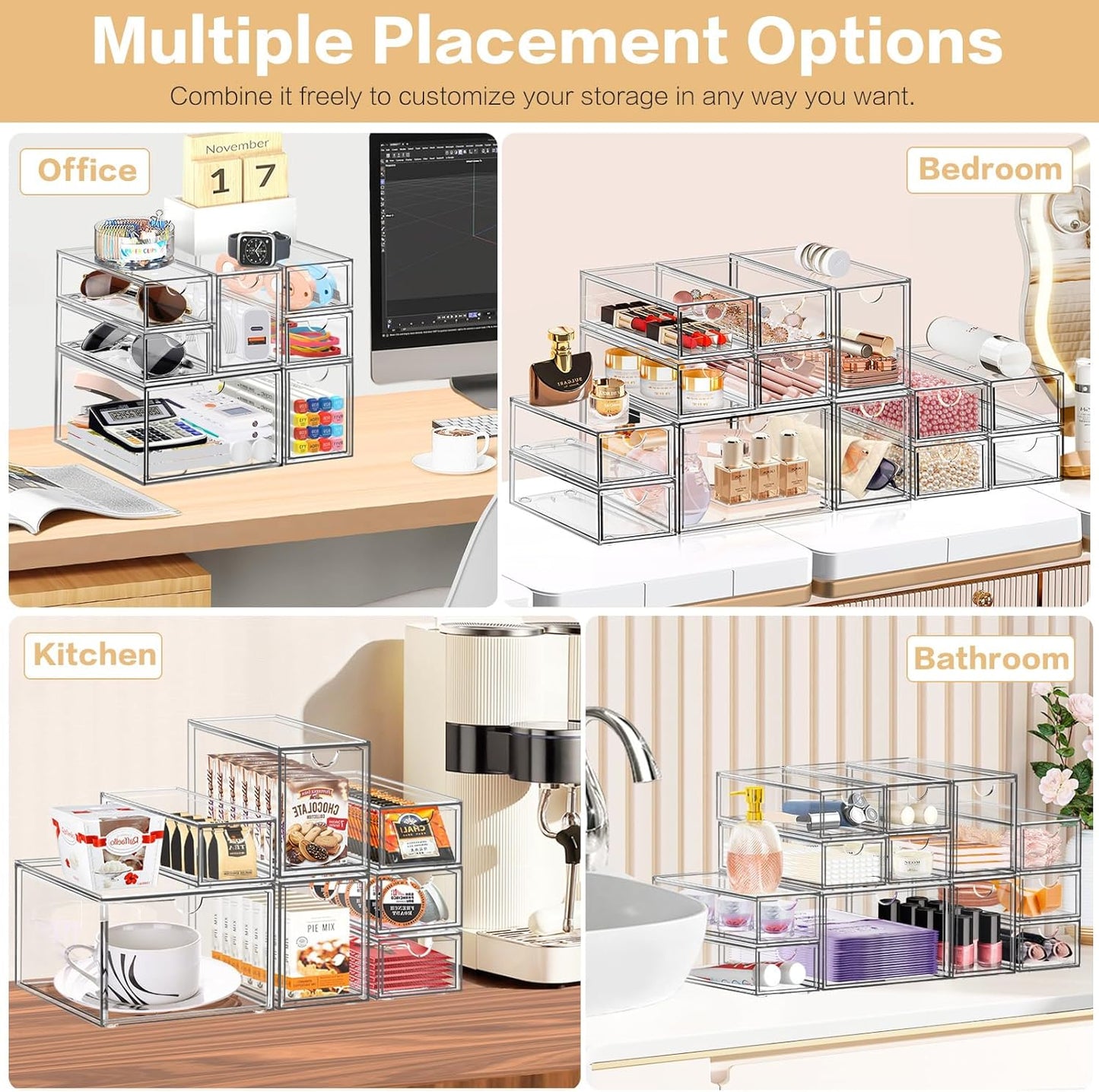 Desk Organizer with 7 Drawers, FODIENS 7 Packs Acrylic Stackable Desktop Storage Drawers Makeup Organizer, Clear Craft Storage Box Cabinets for Office Vanity Countertop Bathroom Bedroom