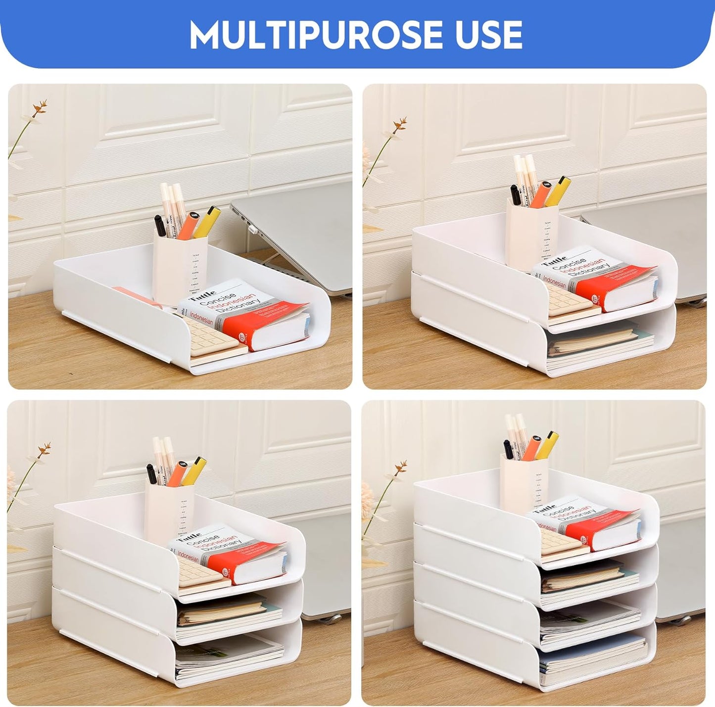 Letter Tray, Set of 2 Office Organization and Storage, PET Letter Tray Desk Organizer, Stackable Document Organizer for Notes, Pens, File Paper, Desk, White