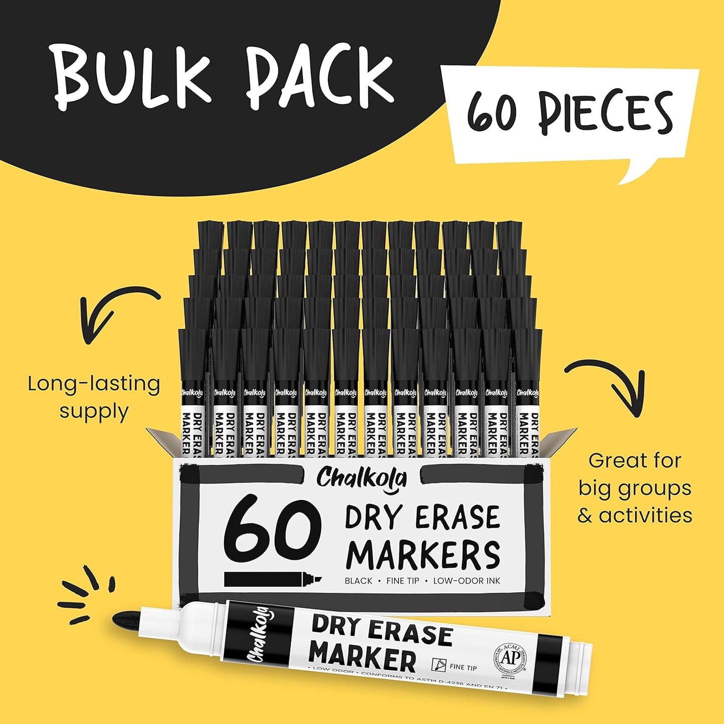 Chalkola Black Dry Erase Markers Fine Tip Bulk Pack of 60, Black Fine Point White Board Markers Dry Erase Pens - Low Odor Whiteboard Pens for Kids, Home, Office, Back to School Supplies