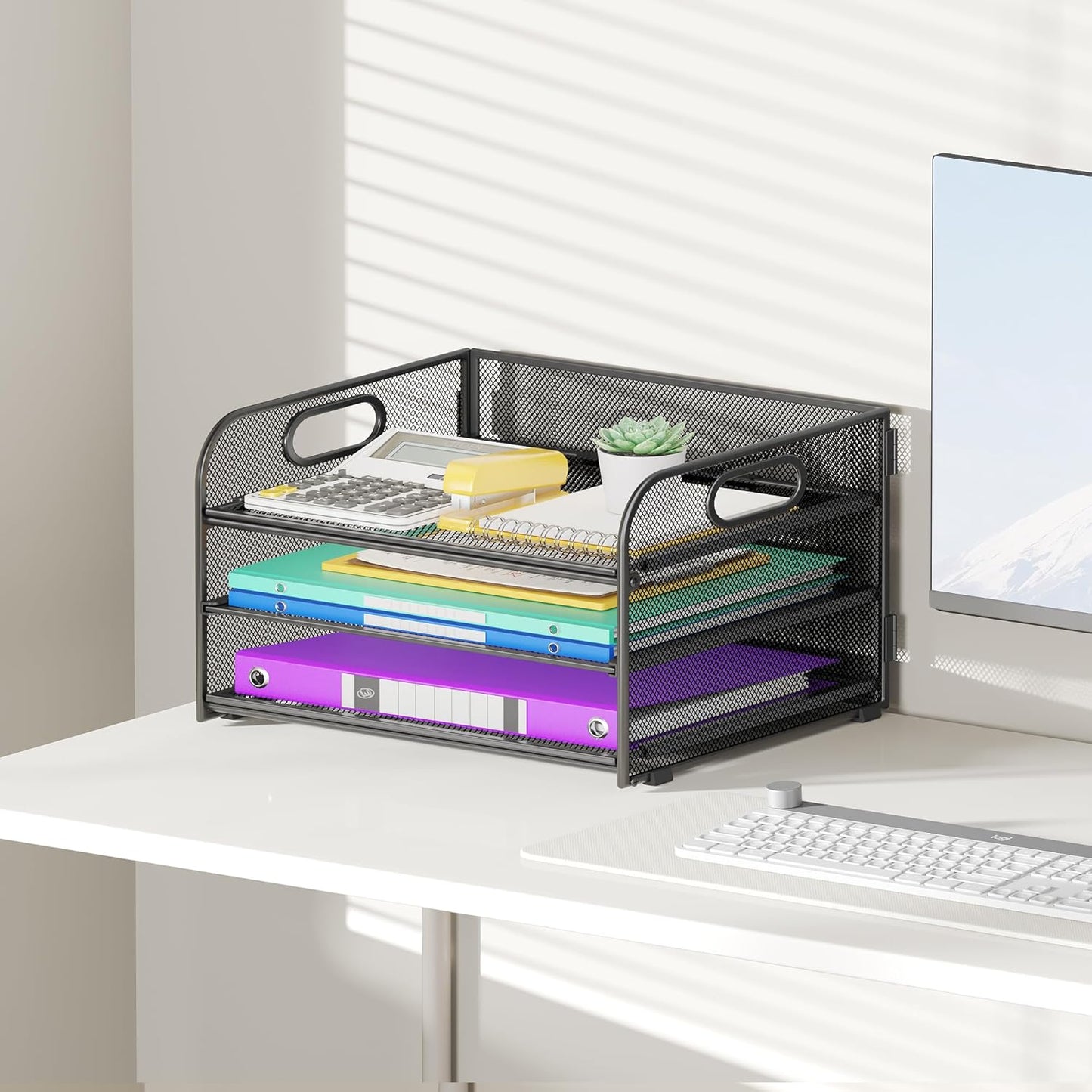 3 Tier Paper Organizer with Handle, Metal Desk Organizer Mesh Paper Letter Tray Desktop File Folder Document Sorter for Classroom, School, Office Accessories Organization and Storage - Black