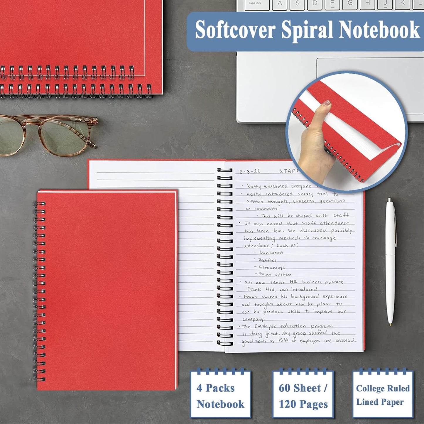 GINMLYDA Red Small Spiral Notebook 6Pack, 120 Lined Pages 8.25x5.50 Inches Spiral Journal Kraft Cover Notebooks & Writing Pads for School Home Office Aesthetic Sketch Drawing Note