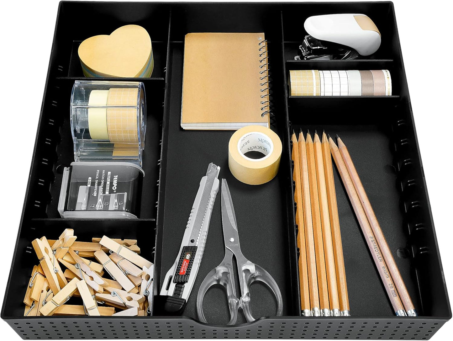 CAXXA 3 Slot Drawer Organizer with 4 Adjustable Dividers - 7 Compartments Junk Drawer Storage for Makeup & Vanity, Office Desk Supplies and Accessories, BLACK (2 pack)