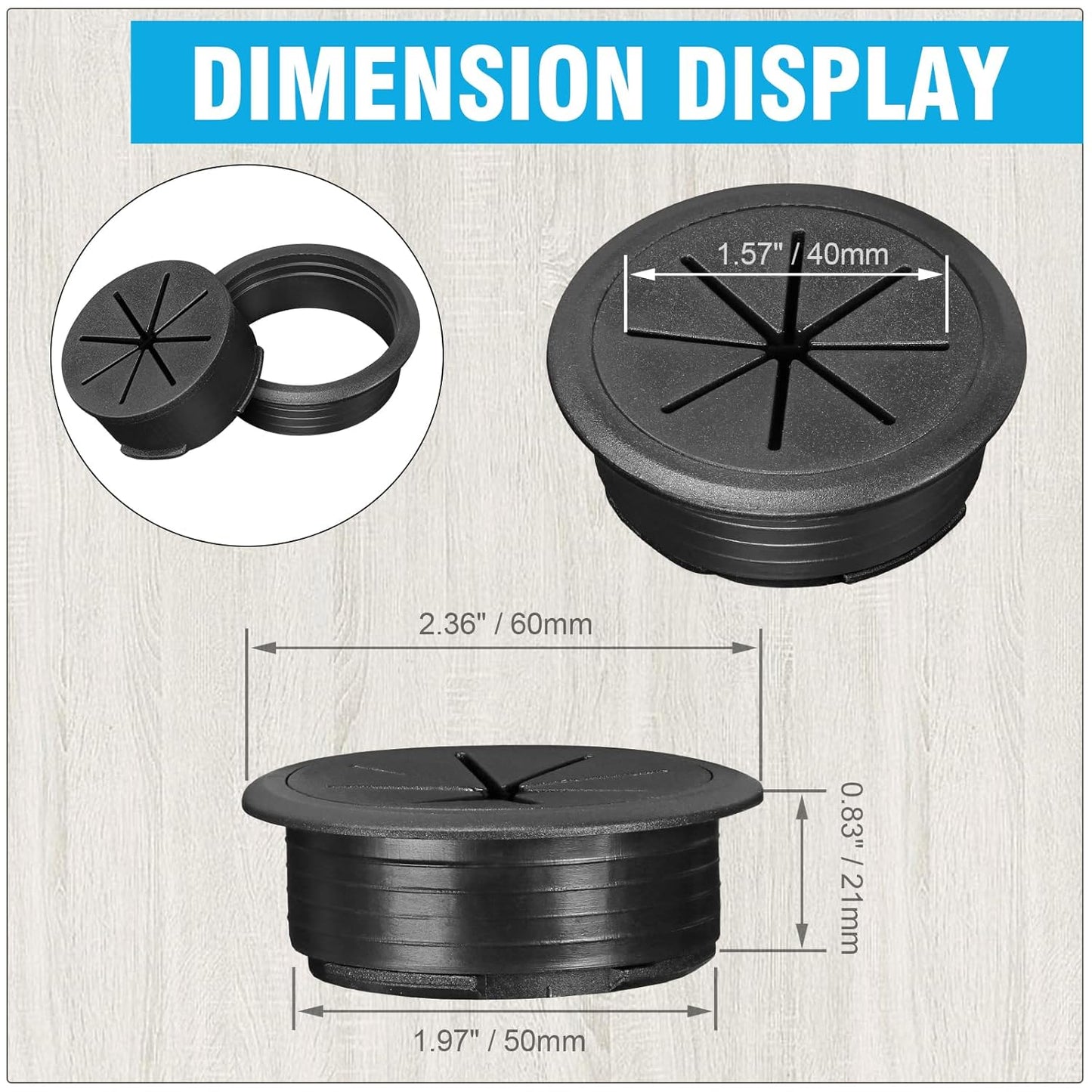 2" Black Desk Grommet, JTemgle Flexible Cable Grommet Plastic Cable Hole Cover Wire Organizer Caps Desktop Cord Management for Home Office TV Stands Tabletops, 10 Pieces