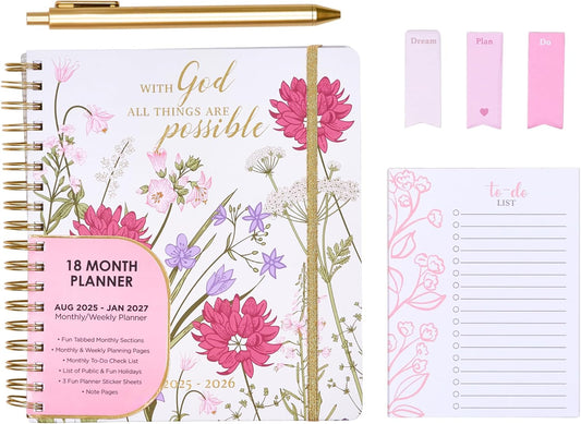 Votum August 2025 to January 2027 Large Back to School Academic Planner- Daily, Weekly & Monthly Organizer with Pens, Stickers, Sticky Notes, and a Sturdy Cover - With God All Things Possible
