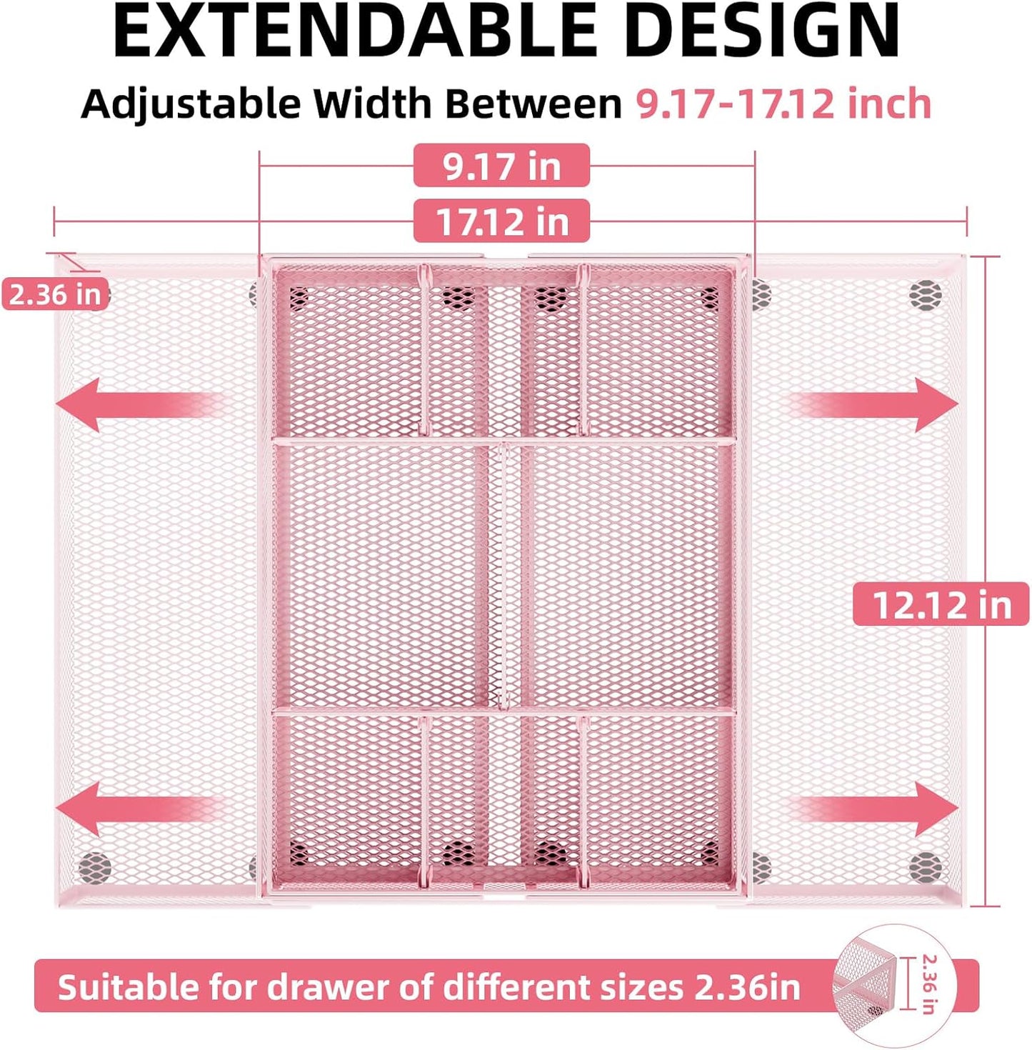 Marbrasse Expandable Desk Drawer Organizer, Mesh Tray with 10 Adjustable Compartments, Desk Organizers for Office Supplies, Makeup & Vanity (Expandable-Pink)