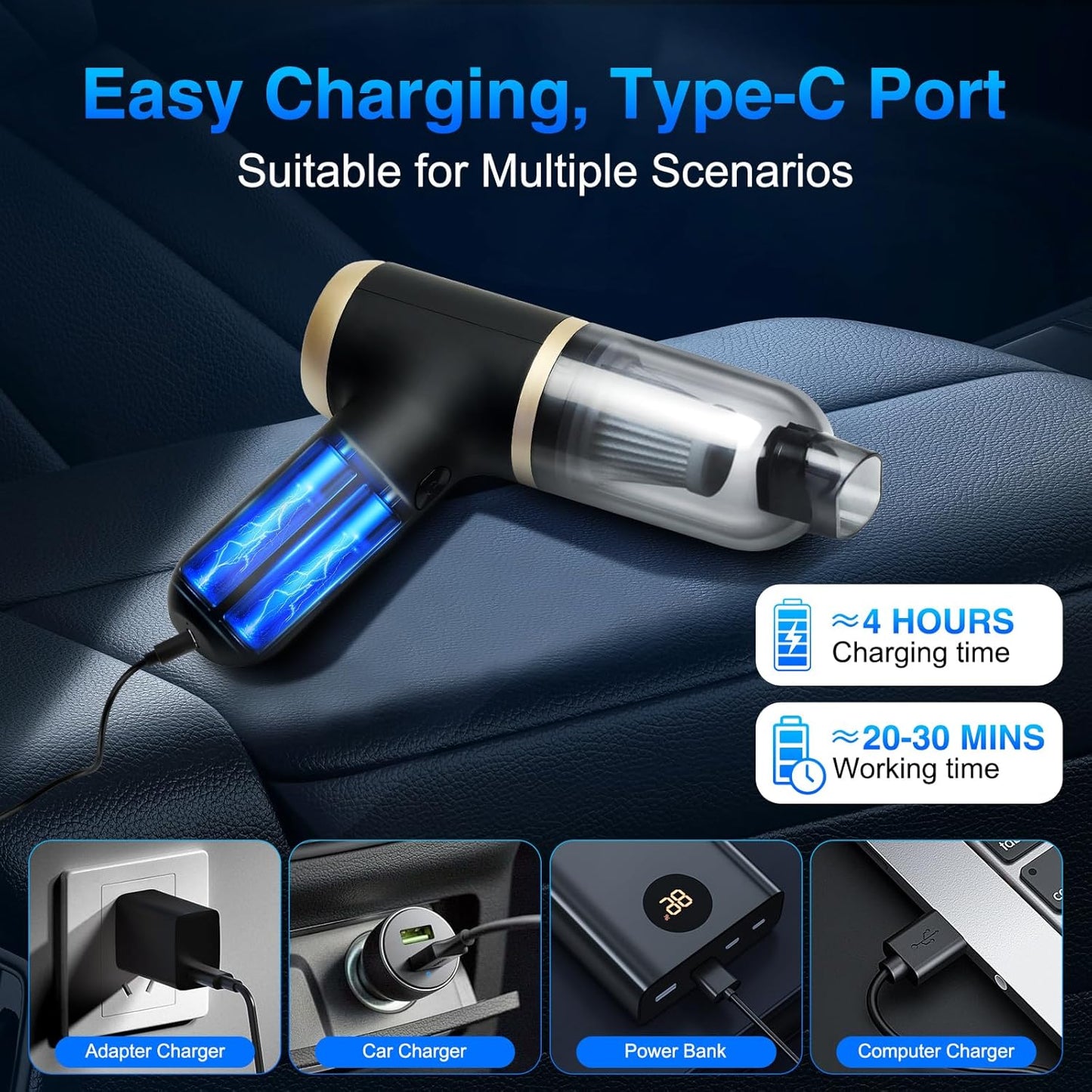 Handheld Vacuum Cordless Car Vacuum Portable with 20000PA, Lightweight Mini Hand Vacuum Cleaner with Brushless Motor, High Power Suction for Home, Pet and Car