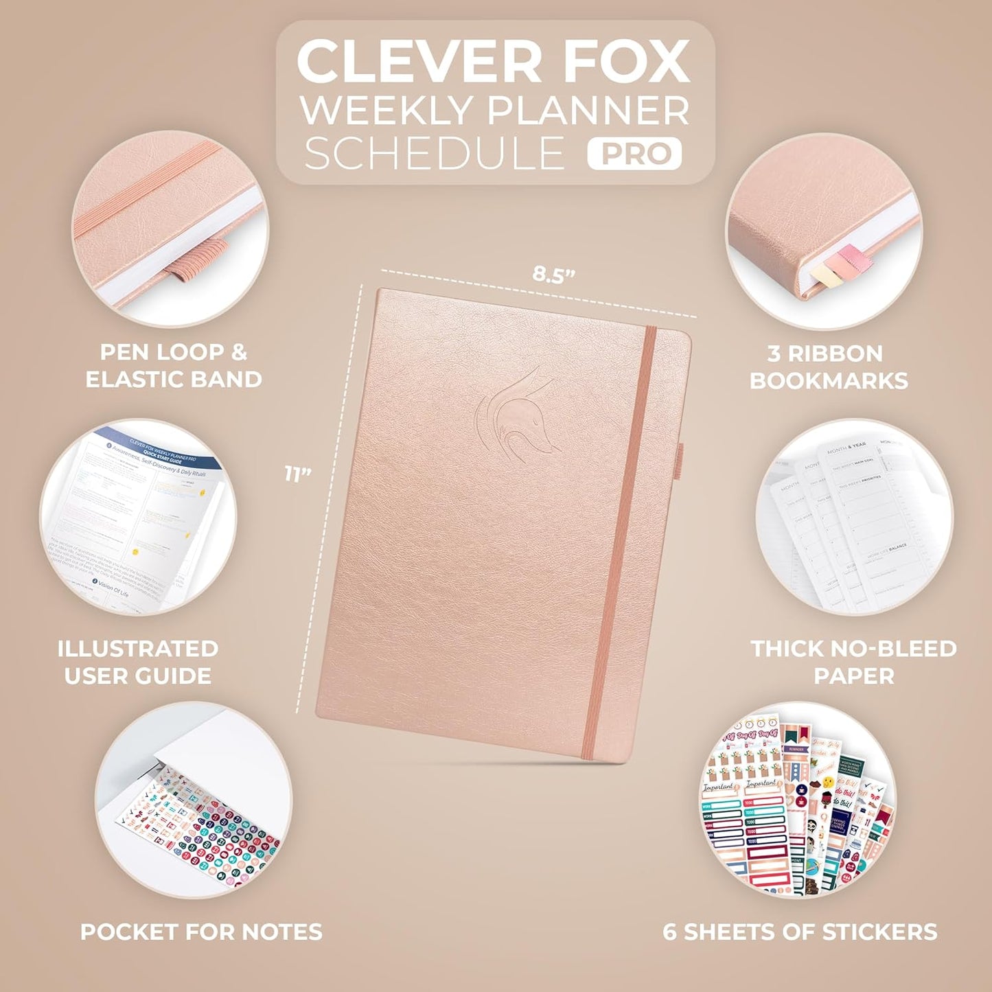 Clever Fox Planner PRO Schedule – Undated Weekly & Monthly Life Planner with Time Slots, Appointment Book & Daily Organizer, A4 (Rose Gold)