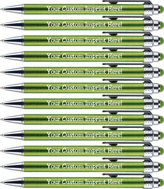 Personalized Pens with Stylus Tip -Bright Vibes- Click action - Custom - Black writing - Printed Name pens - Imprinted with Your Logo or Message - FREE PERSONALIZATION - 12 Pens/Box (Green)