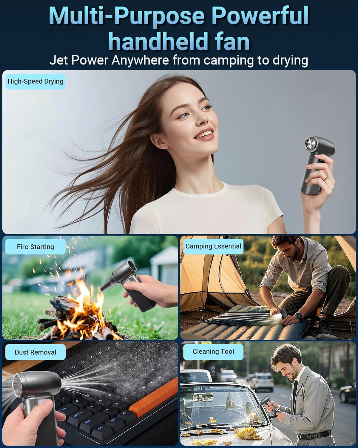 Handheld Mini Turbo Fan 120000RPM 6-Speed Turbo Power 9000mAh Portable High Speed Cooling Air Blower Cordless Air Duster Hair Dryer with LCD Display SOS Light for Travel Outdoor