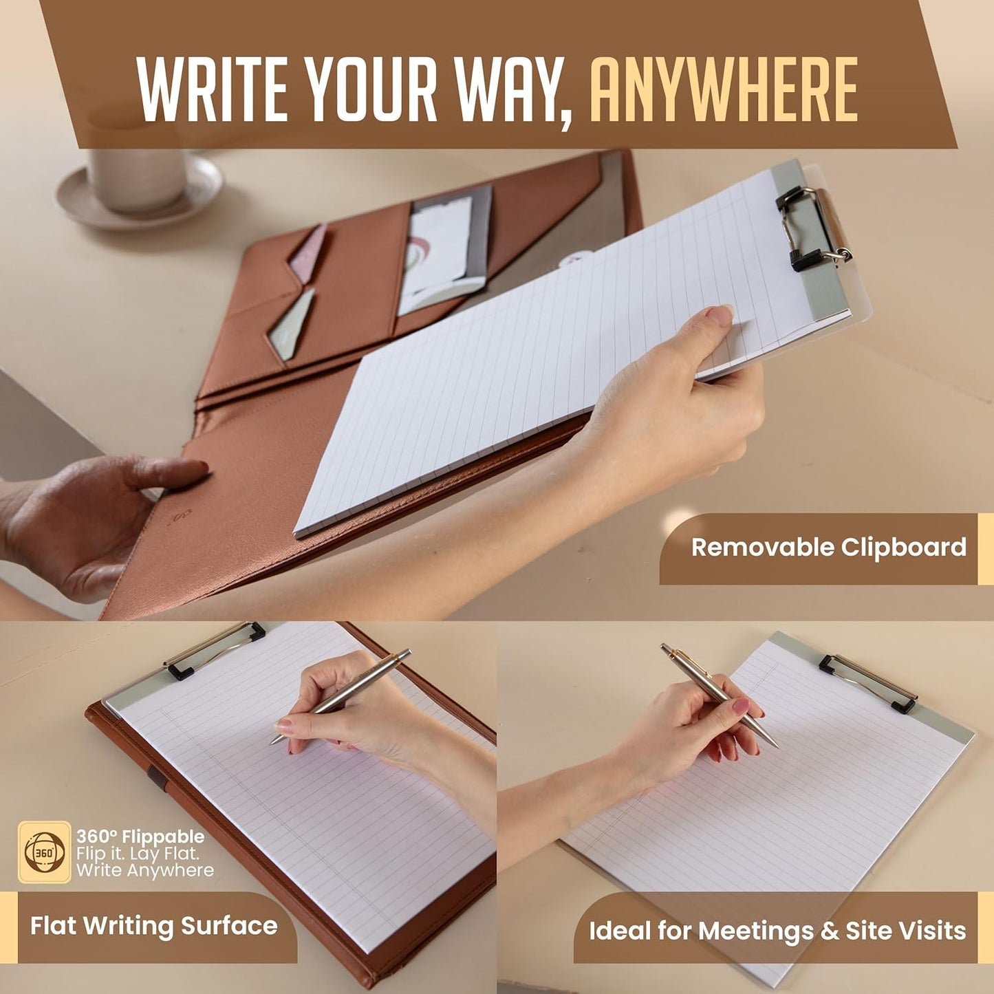 STYLIO Padfolio Folder with Removable Clipboard | Tan (Brown) Color| Portfolio Organizer | Binder with Storage for Notebook, Notepad | Nursing Clipboard Folio | Vegan Leather