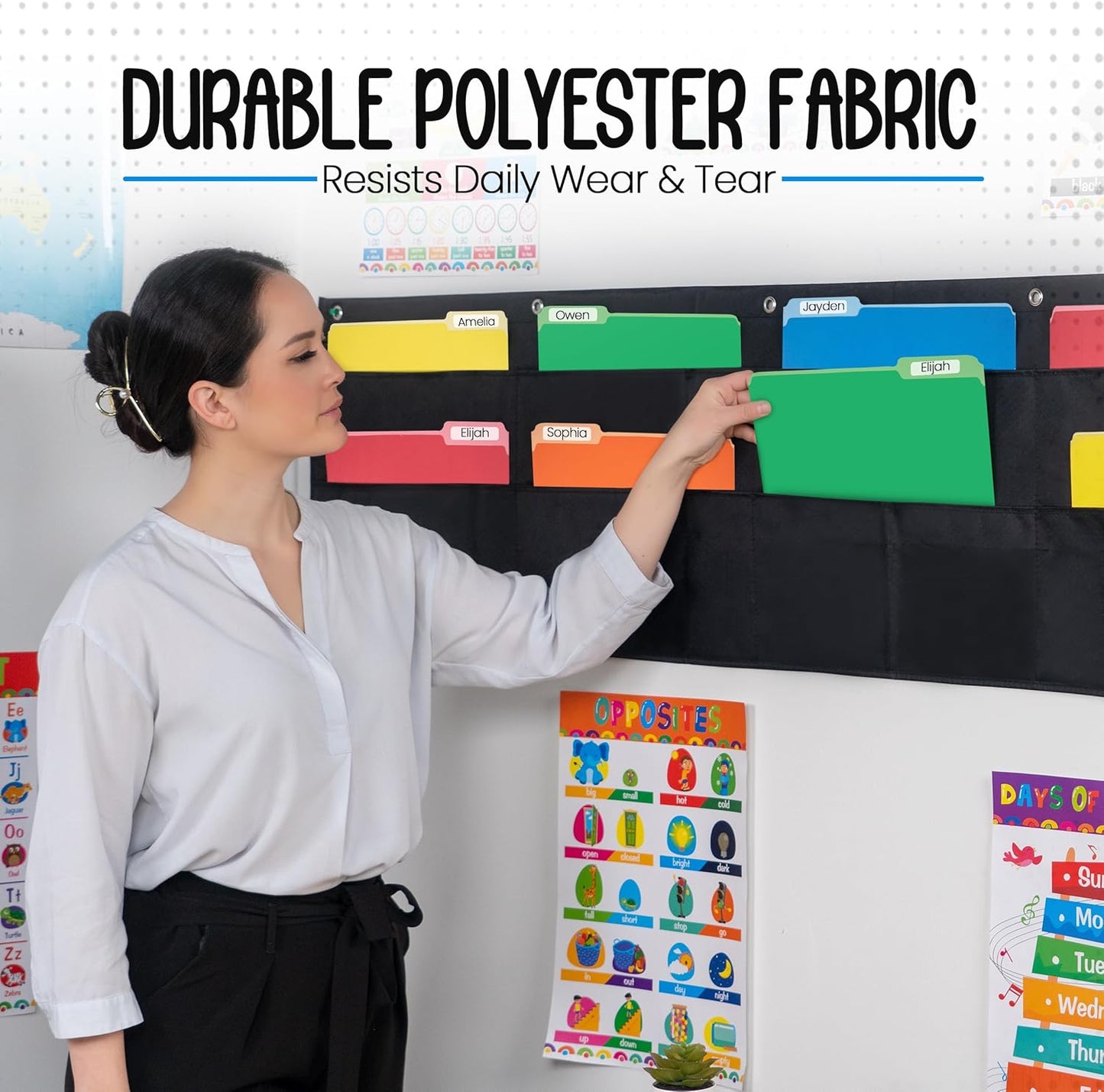 Essex Wares - 10 Pocket Horizontal File Hanging Paper Organizer for Letter Documents, Black, 69.5" Wide x 15.5" - Hanging Pocket File Organizer - Black Pocket Chart for Classroom & Office - 10 Pockets