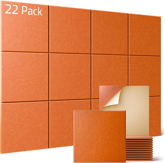 Sonicism 22 Pack Acoustic Wall Panels with Self-Adhesive, 12" X 12" X 0.4" Sound Proof Foam Panels, Decorative Soundproof Wall Panels, Sound Proof Absorbing Tiles for Home & Offices, Orange