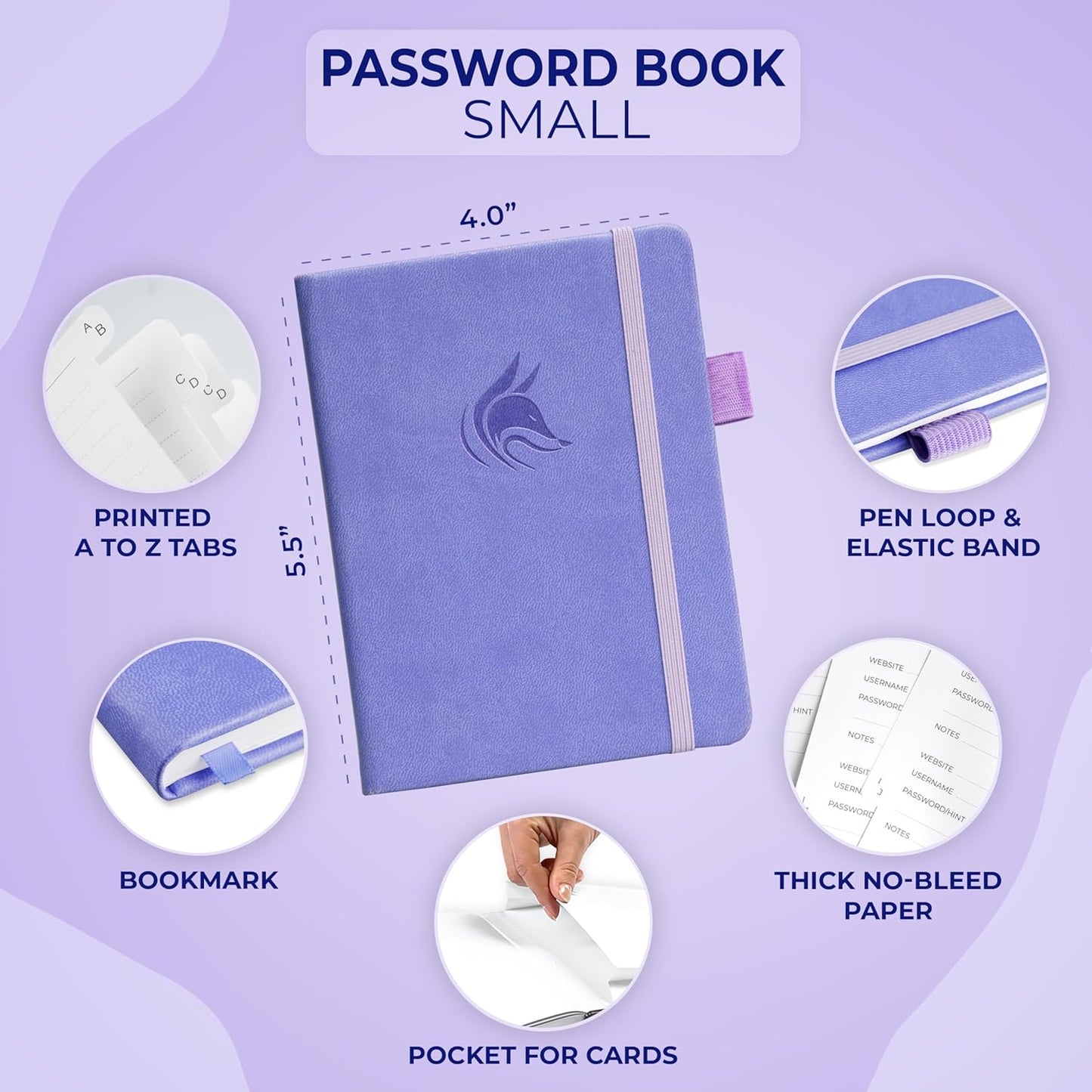 Clever Fox Password Book with alphabetical tabs. Internet Address Organizer Logbook. Small Pocket Password Keeper for Website Logins (Lavender)