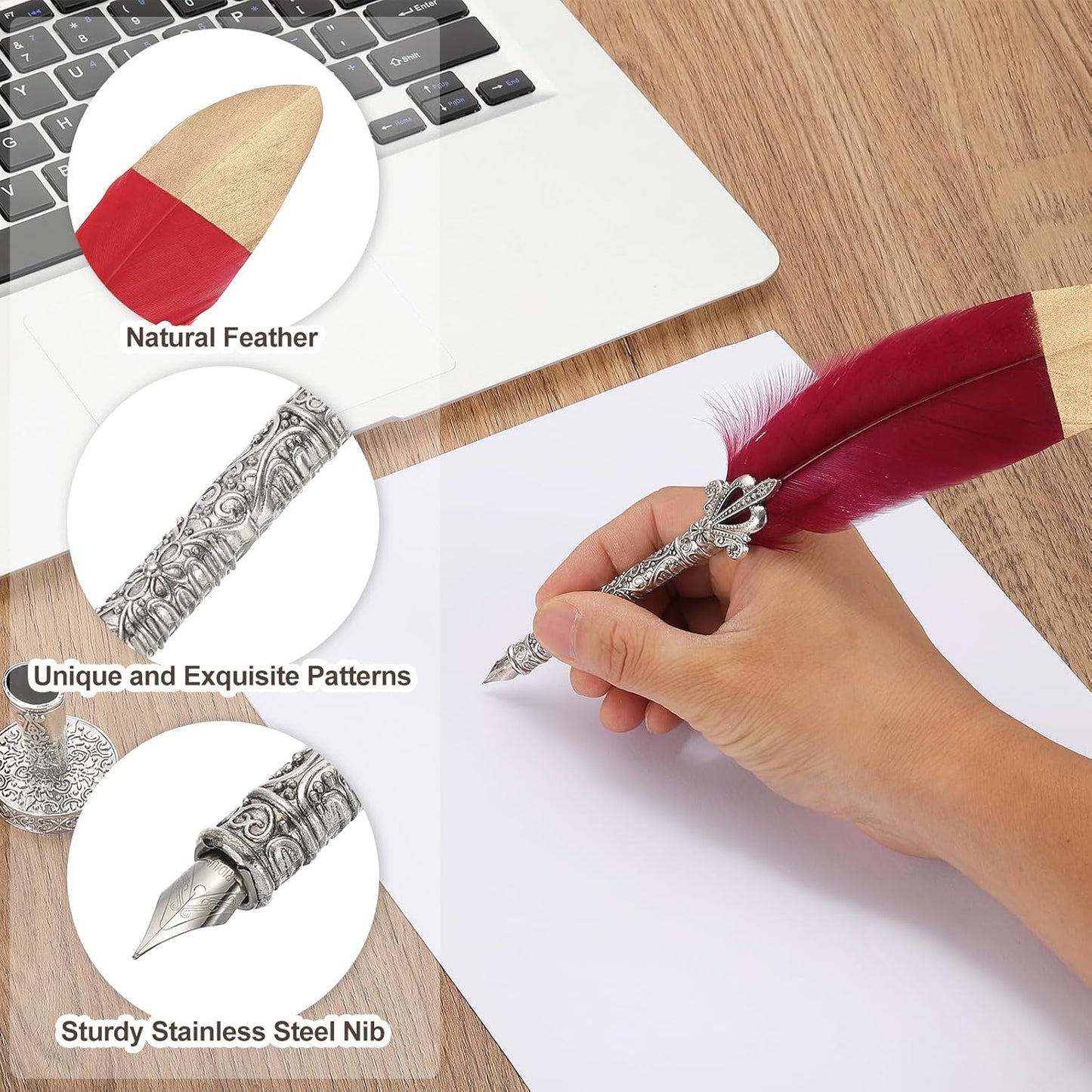 PATIKIL Feather Quill Pen Set, 1 Set Vintage Feather Calligraphy Pen Fountain Dip Pen Set with Ink, Pen Holder and Replacement Nibs for Beginner Writer Writing Gift, Red