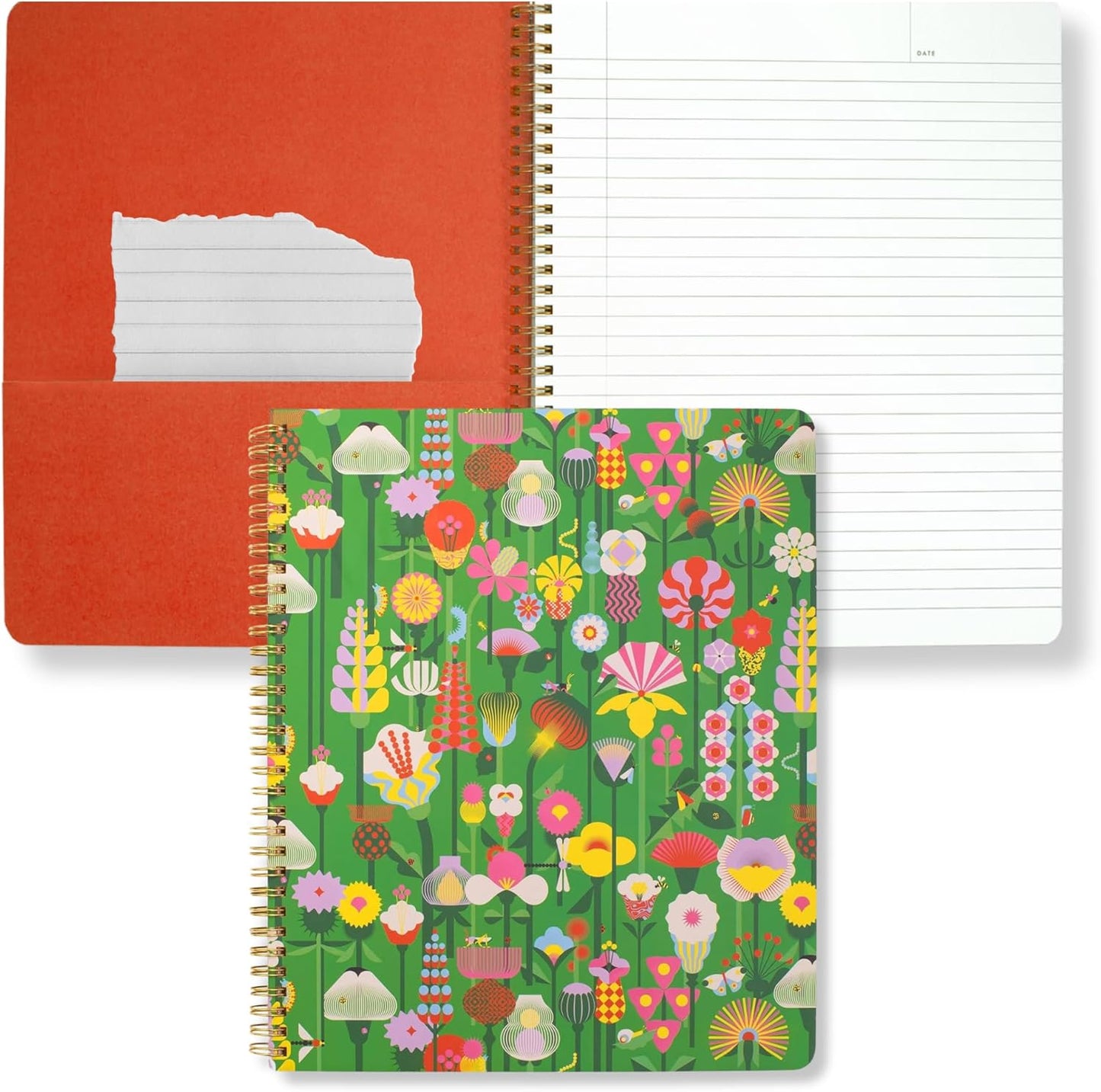 ban.do Floral Rough Draft Large Spiral Notebook, 11" x 9" with Pockets and 160 College Ruled Pages, Green Geometric Flowers