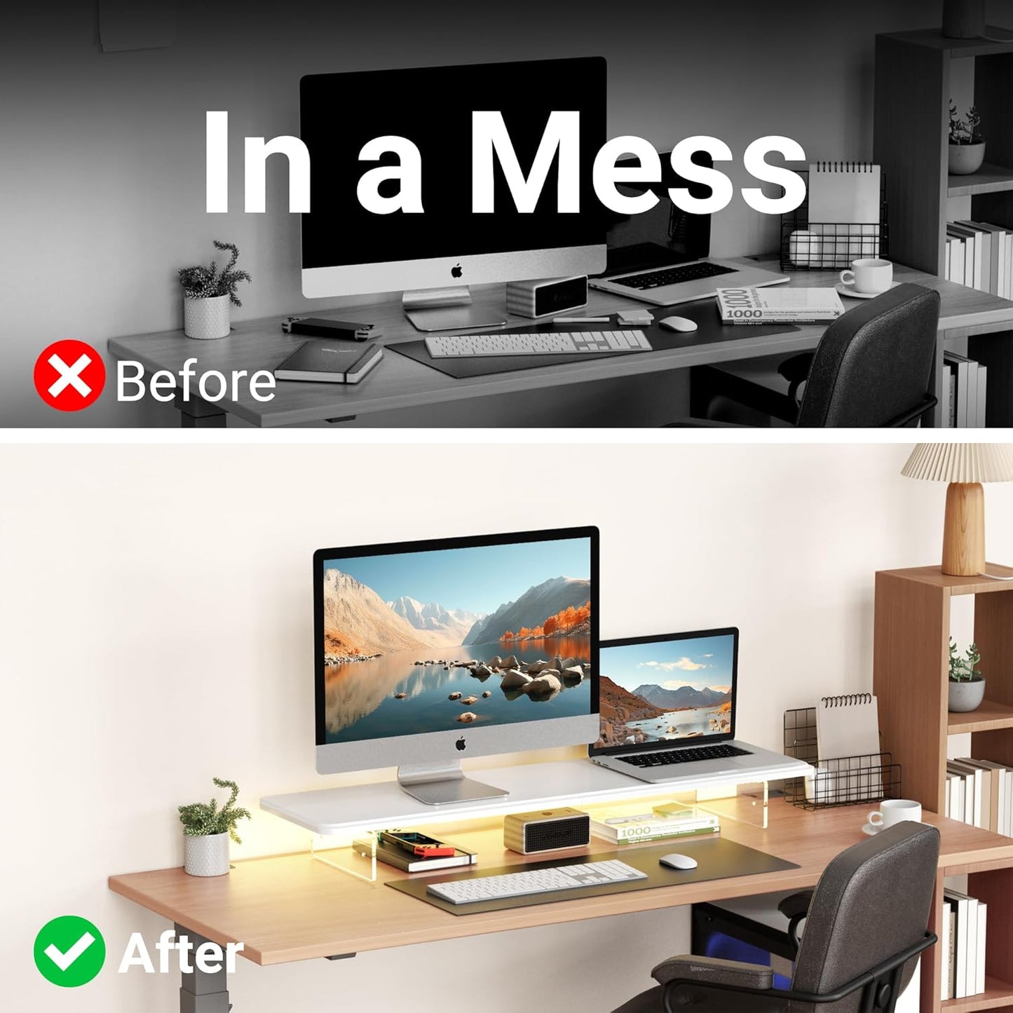 Monitor Stand Riser,31.5-Inch LED Light Wood Computer Monitor Stand with Adjustable Acrylic Legs,Desk Accessories Desktop Organizer Stand for Computer,Laptop,Printer,PC TV Screen Riser，White